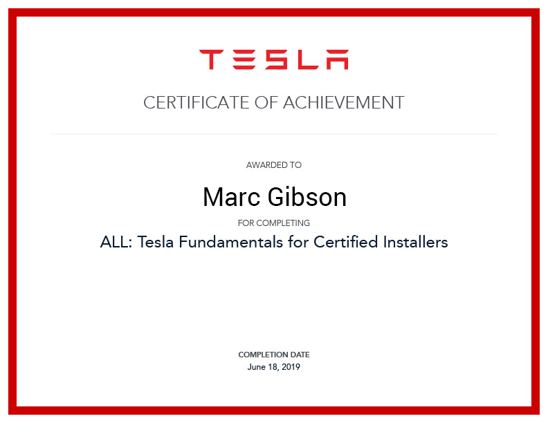Tesla motors certificate