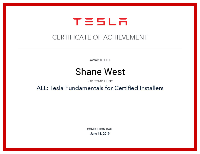 Tesla motors certificate