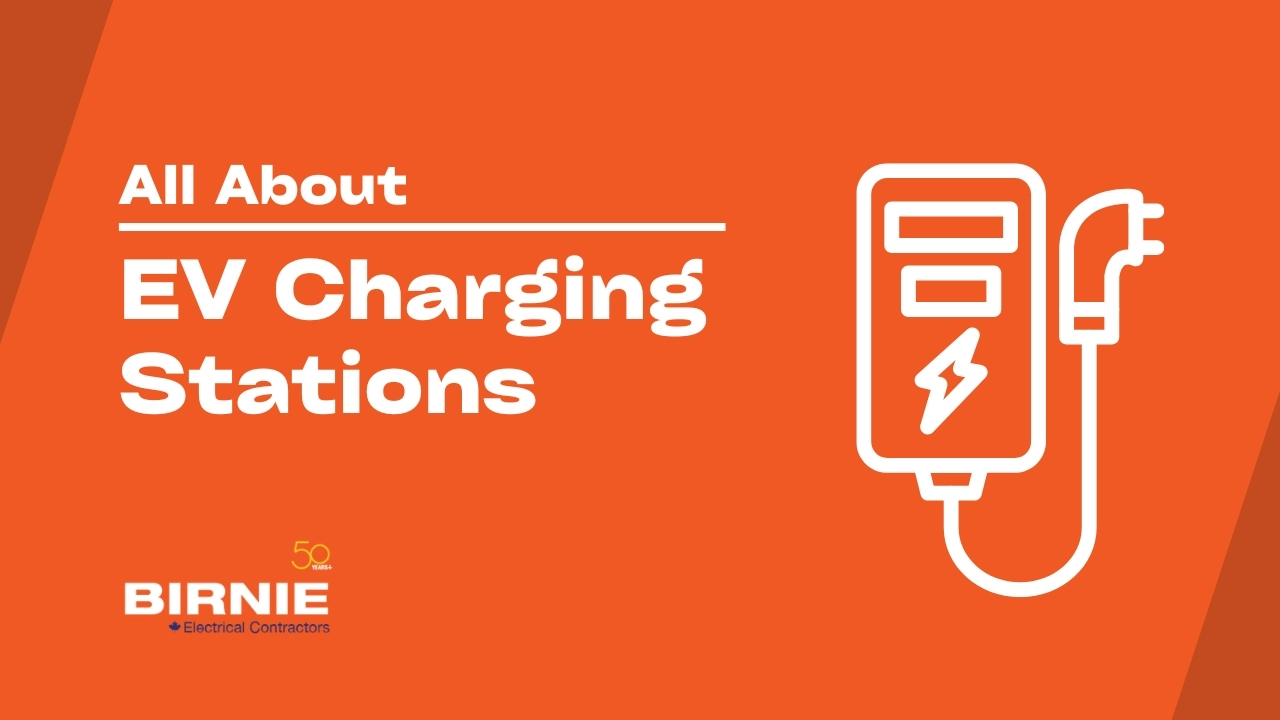 A graphic with an ev charger that reads "All About Ev Charging Stations"